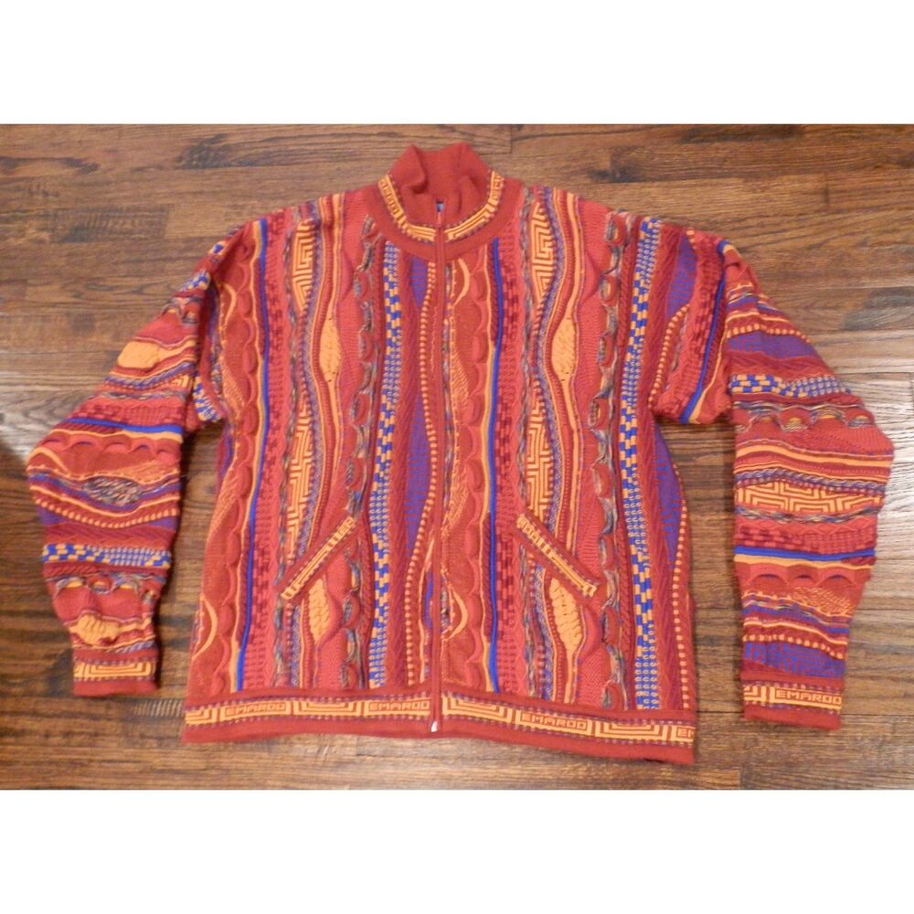 Vintage Emaroo Australia Wool Full Zip Red Coogi Style Sweater Men's Size XXL